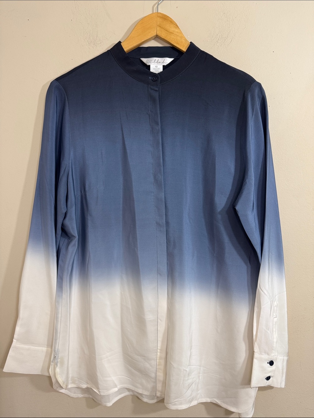 Willah Blue Silk Ombre Long Sleeve Button-Up Blouse size 12 Office Classic Vacay